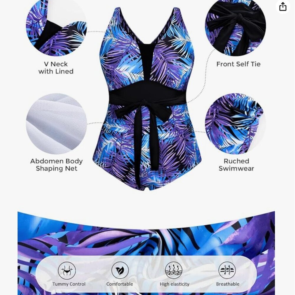 NWT! One Piece Tummy Control Blue Purple Leaf Swimsuit w Black Waist Tie. Sz. 20 - Picture 4 of 13